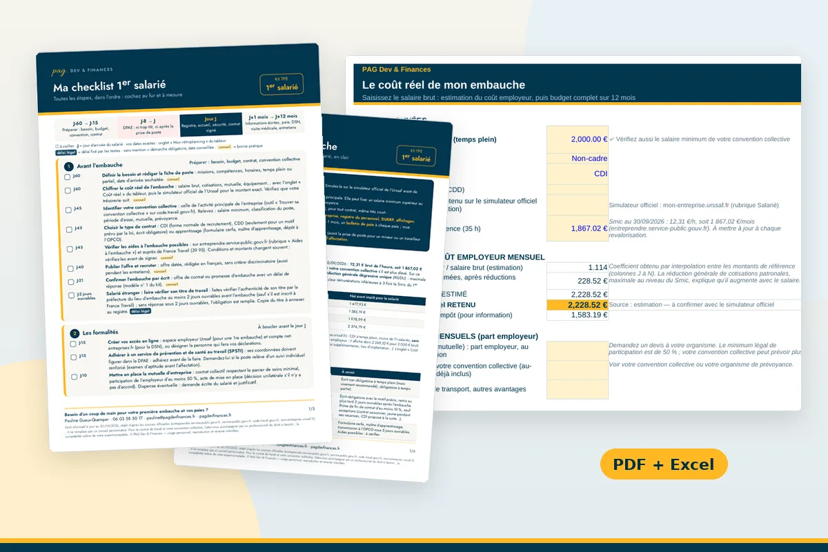 Aperçu du Kit J'embauche mon 1er salarié : checklist chronologique, guide de la 1re embauche et onglet Coût réel du tableur