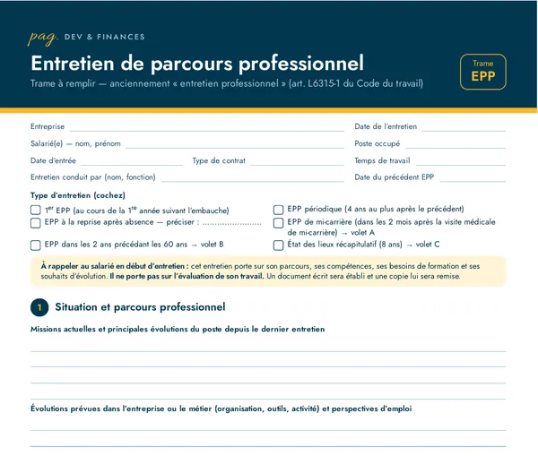 Première page de la trame Entretien de parcours professionnel du kit